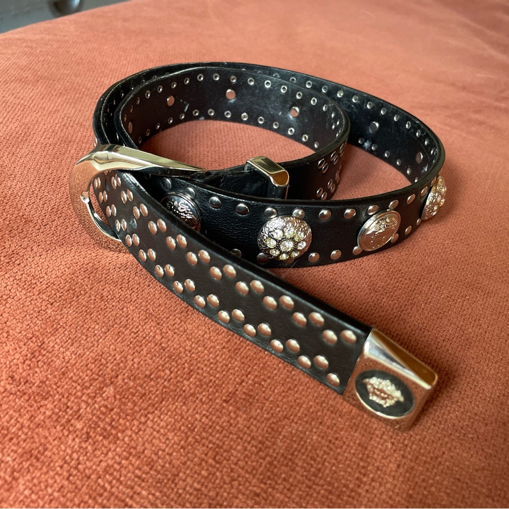 Versace Black and Silver Studded Leather Belt